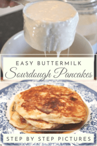 sourdough buttermilk pancakes stacked on a blue and white stoneware plate drizzled with maple syrup