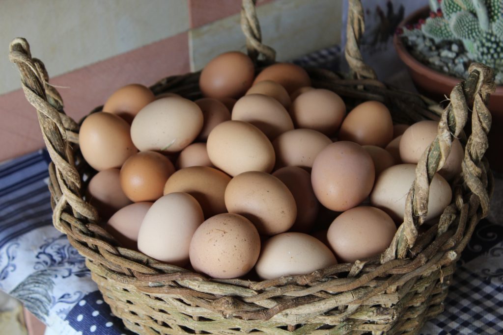 woven brown basket piled high with brown farm fresh eggs